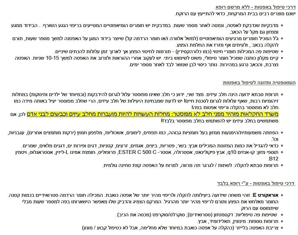 כתבה בעברית על דרכי טיפול תזונתיות ותרופתיות באפטות